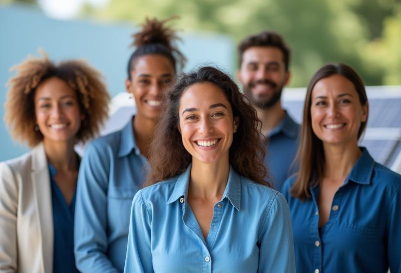 Photo of the Sol y Viento Energía team smiling in front of a solar panel installation