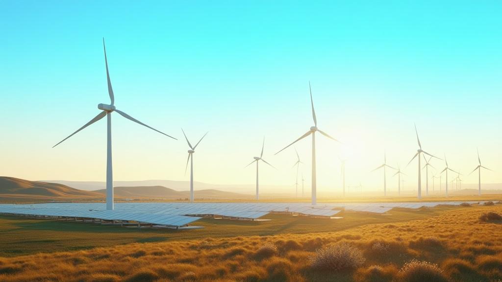 Large photo of solar panels and wind turbines against a clear sky in a Spanish landscape