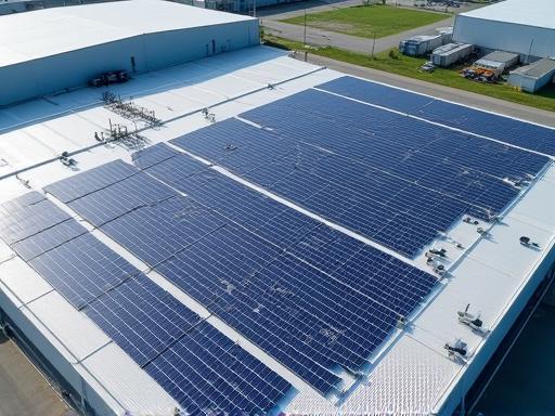 Photo of solar panels installed on the roof of a factory building