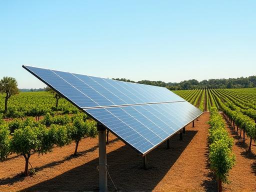 Photo of a large solar array beside grapevines
