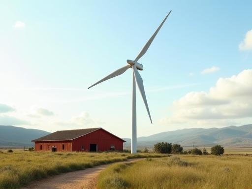 Photo of a small wind turbine near a barn or farm building