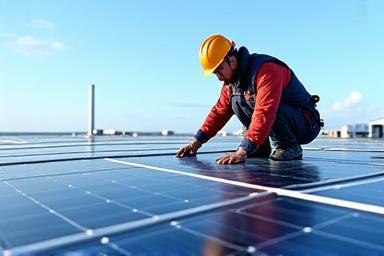Photo of a technician performing maintenance on a solar panel array